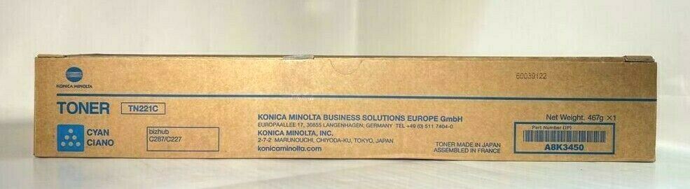 Original Konica Minolta TN221C Toner Cyan A8K3450 für Bizhub C287 C227 NEU OVP