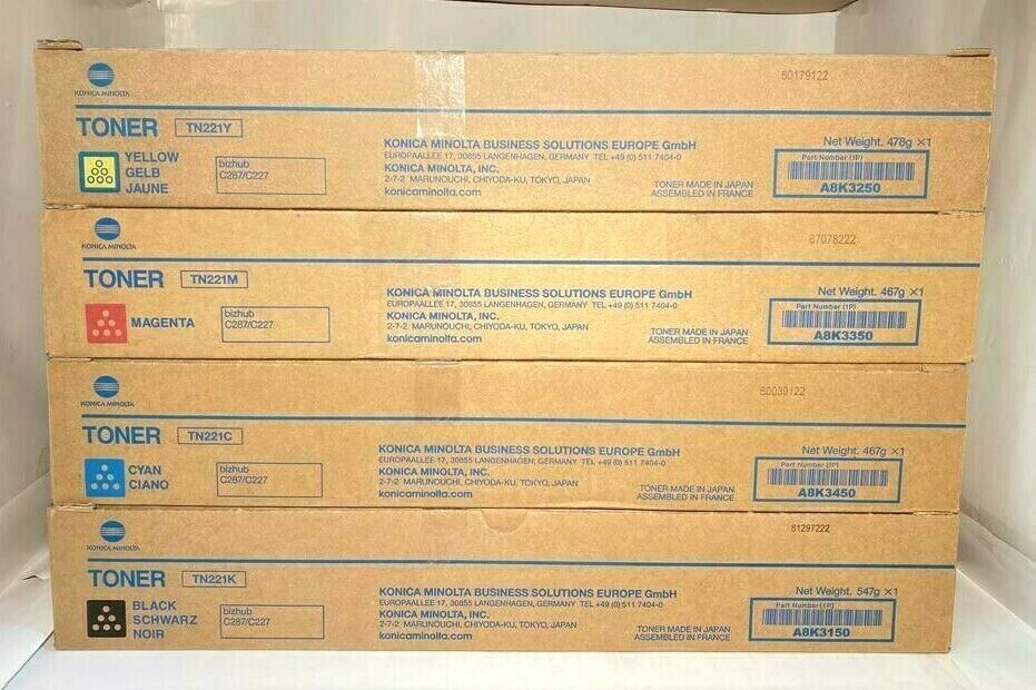 4 x Konica Minolta A8K3150 -450 TN221 Set CMYK Toner Bizhub C287 C227 TN-221 N