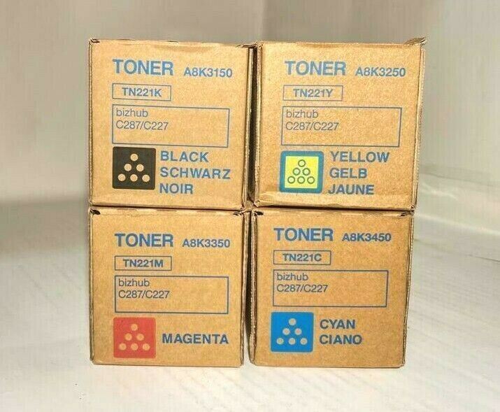 ''4 x Konica Minolta A8K3150 -450 TN221 Lot de toners CMJN Bizhub C287 C227 TN-221 N